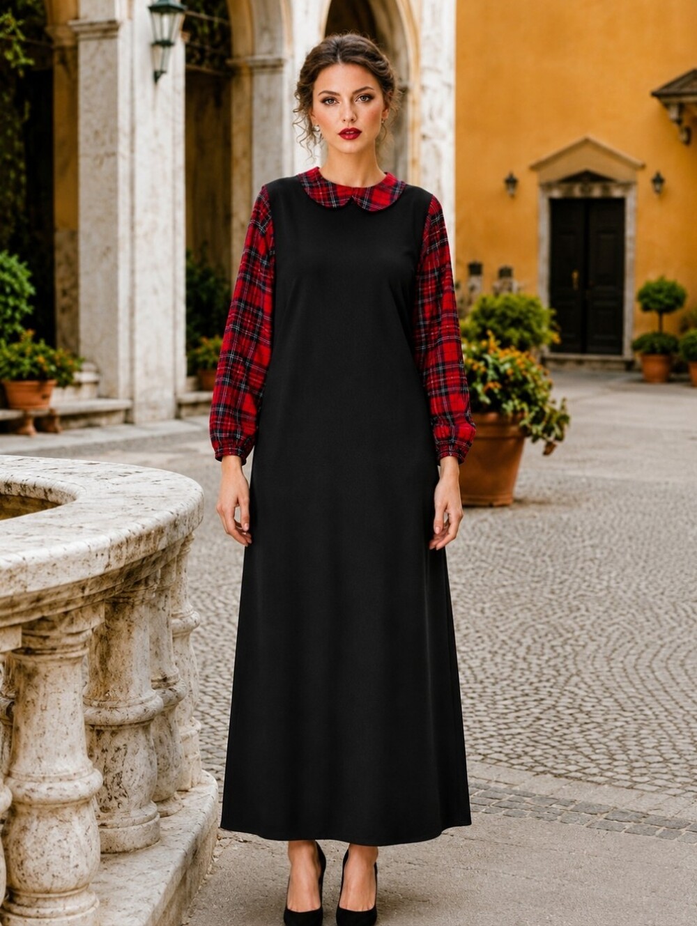 CEO Ceylan Otantik Vintage Maxi Dress | Made in Turkey | Black & Red Plaid